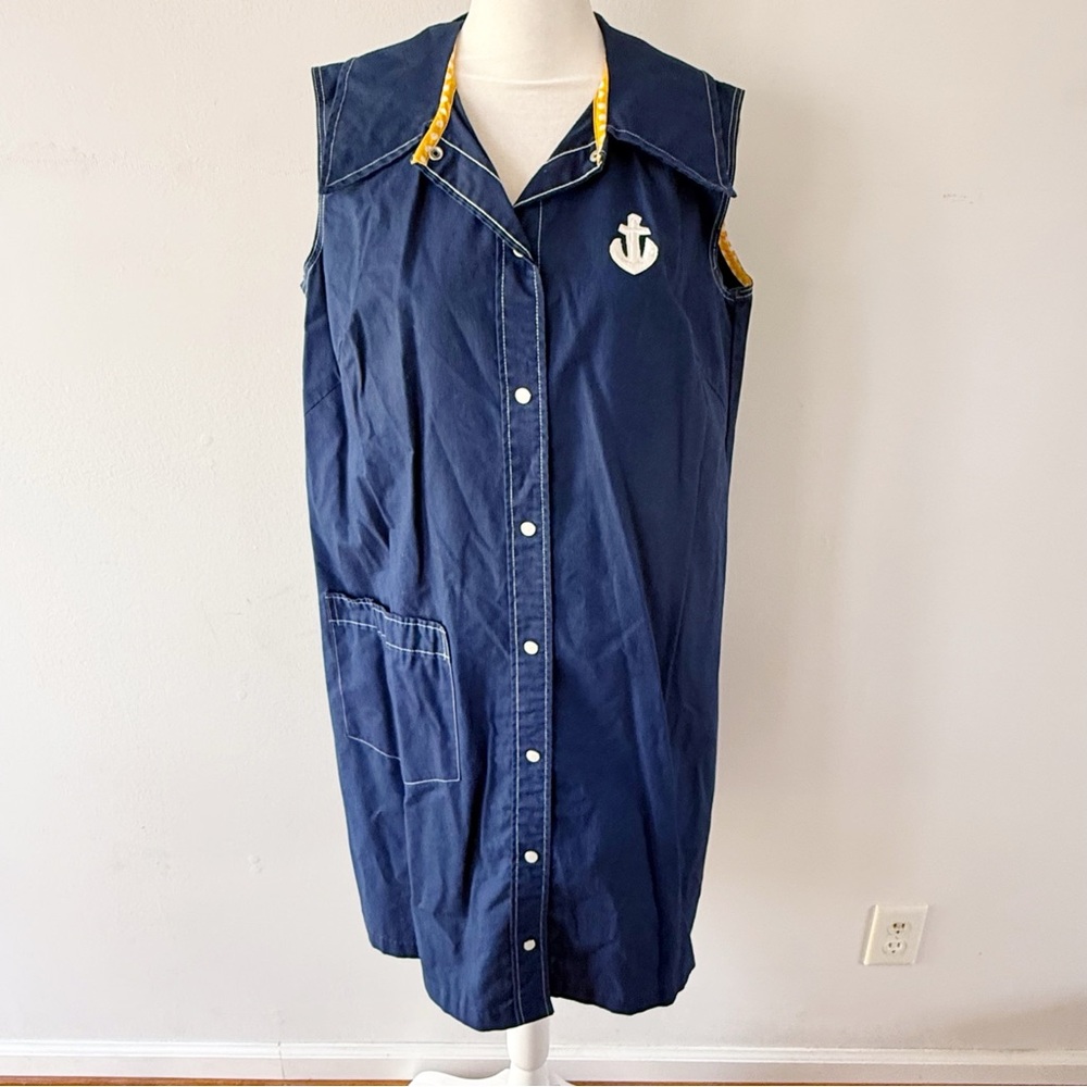 Vintage Women 60s 70s Retro Disco Collar Sailor Anchor Dress Medium Nautical